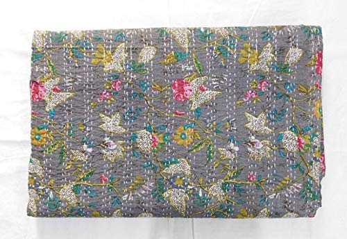 Fashion Hub Textile Work Creations Cotton Handmade single kantha quilt Bed cover (Blue, Grey)