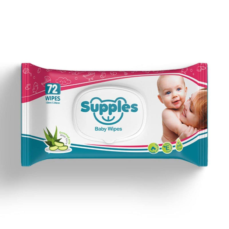 Supples Baby Wet Wipes with lid Enriched with Aloe Vera, 72 Wipes/Pack (Pack of 4)
