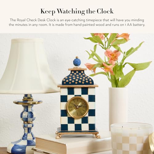 MACKENZIE-CHILDS Desk Clock, Decorative Wood Clock for Kitchen and Living Room, Blue-and-White Royal Check