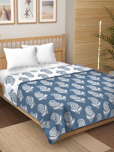 Dream Dwell 100% Pure Cotton Reversible Dohar/AC Blanket for Double Bed |All Weather Light Weight | Floral Design Dohar| Paisley Turkish Flower, Blue and White- Pack of 1