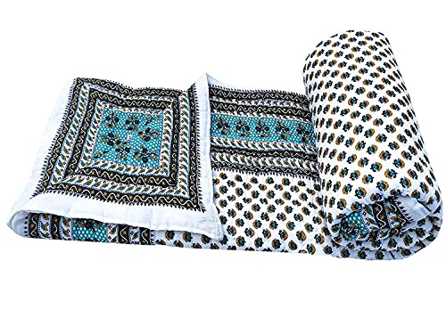 SVT Traditional Famous Rajasthani Print Jaipuri Beautiful Floral Print in White and Seagreen Jaipuri Rajai/Razai/Quilt Single/Single Bed Quilt/Comforter/AC Quilt/AC Comforter