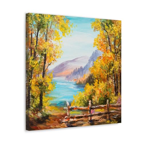 GADGETS WRAP Canvas Gallery Wrap Framed for Home Office Studio Living Room Decoration (17x17inch) - Autumn Trees & Lake Scenery Oil Painting