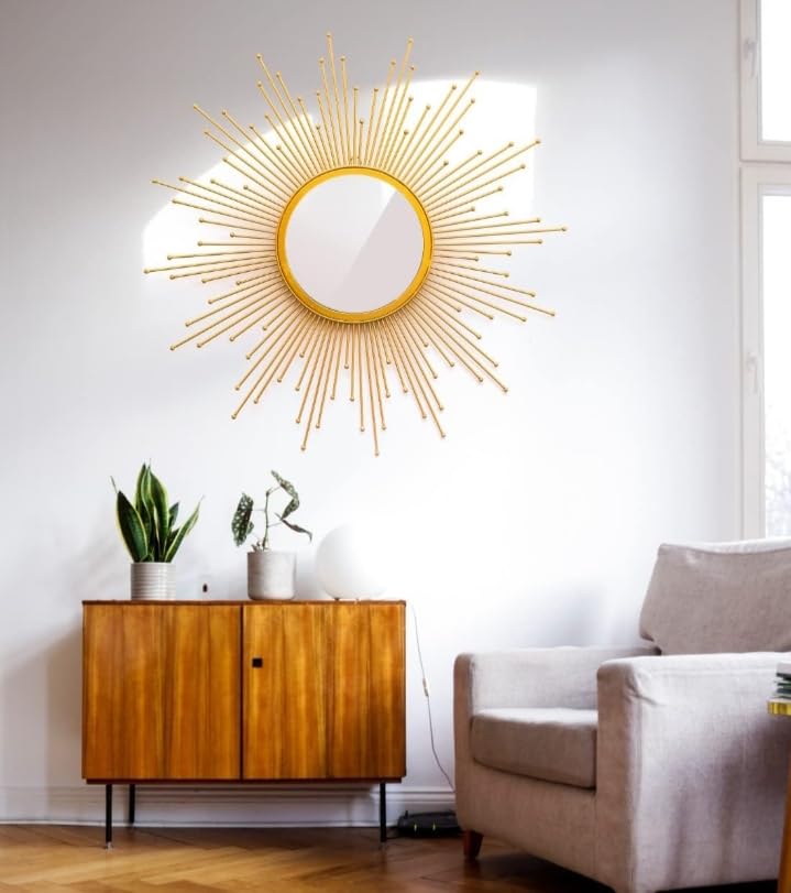 Craft Velly Sparkling Sunburst Design Wall Mirror (24 x 24 inch, Golden, Framed)