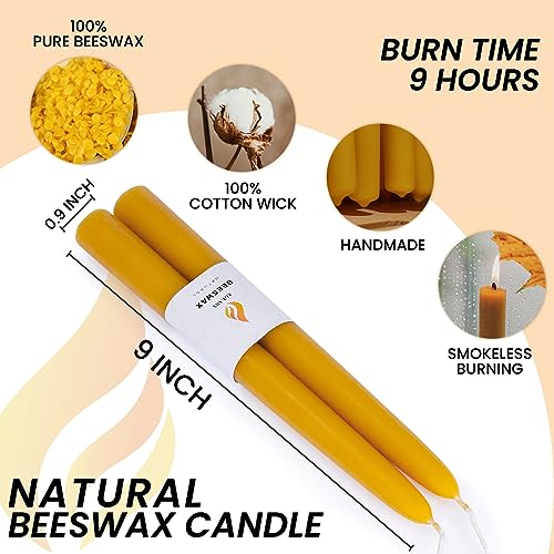 AGLARY 8PCS Beeswax Taper Candles, 9" Handmade Natural Candles, Dripless and Smokeless，10 Hour Burn Time