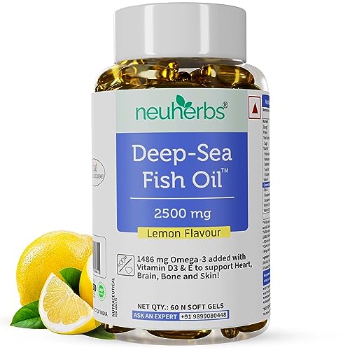 Neuherbs Deep Sea Omega 3 Fish Oil - 60 Softgel for Men and Women | Omega 3 Supplement Triple Strength 2500 Mg | For Muscle, Joints, Heart & Cognitive Support | No Fishy Burps with Lemon Flavour