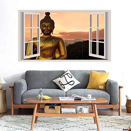 GADGETS WRAP Printed Wall Decal Sticker Fake Window Style Decal (90cm x 50cm) - Gold Buddha