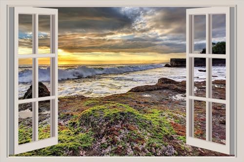 JVERF - JZZA27161 Scenery Coast Sunrises| Self-Adhesive Open Window Wall Sticker