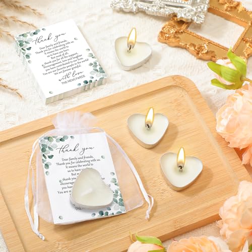 Threlaco 100 Sets Wedding Gifts for Guests Heart Shaped Candles Mini Candles Wedding Candle Gifts for Guests Thank You Cards and Organza Bags for Wedding Party Favors