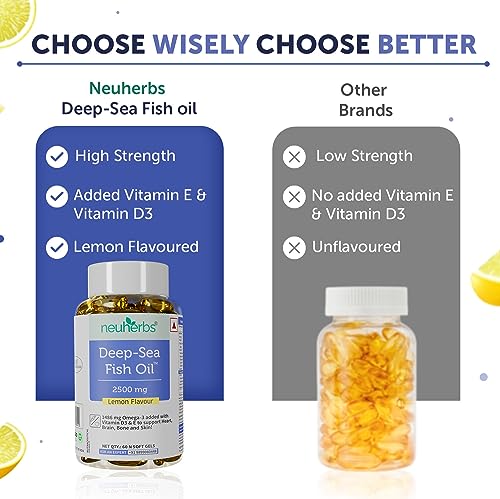 Neuherbs Deep Sea Omega 3 Fish Oil - 60 Softgel for Men and Women | Omega 3 Supplement Triple Strength 2500 Mg | For Muscle, Joints, Heart & Cognitive Support | No Fishy Burps with Lemon Flavour