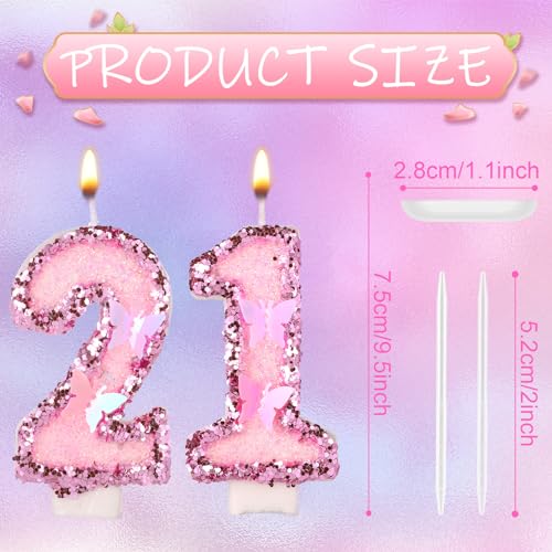 Birthday Number 21 Candles, 2.95in Glitter Butterfly Happy Birthday Cake Toppers Pink Sequins Wedding Numeral Cupcake Decorations for Anniversary Celebration Party Supplies (21th)