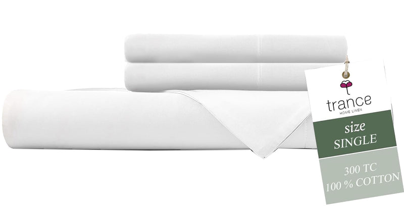 Trance Home Linen 300 TC Pure 100% Cotton | Soft Skin Safe | Breathable Single Size Flat Bedsheets | All Season Soft Fabric | Plain Bedsheet Set with 1 Pillow Covers (90x54 Inches White)