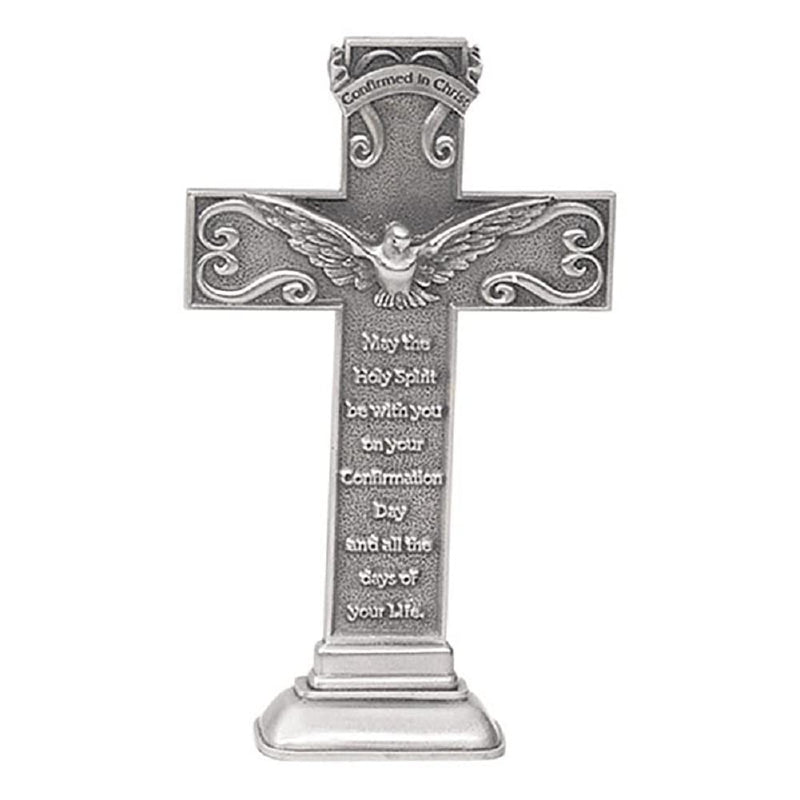 Confirmation Cross Pewter Standing with Holy Spirit Dove for Sponsor, 5 1/2 Inch