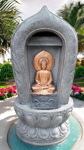 SEPBORN Buddha Water Fountain with Carved Stone Design, 38 cm Height with LED Lights Water Pump