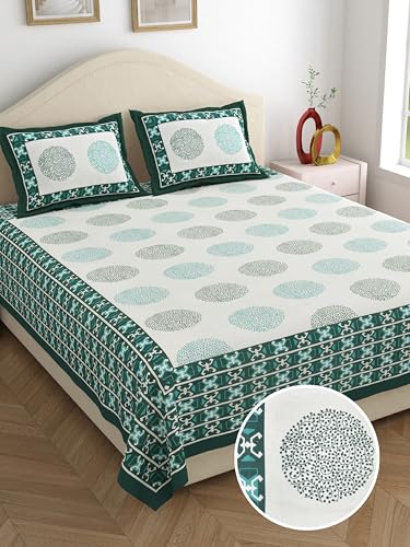 WestNic Jaipuri Print 100% Pure Cotton King Size Bedsheet for Double Bed | 400 TC (Thread Count) | Size 90 X 108 Inches | with 2 Cotton Pillow Covers | Floral Print Design-Karry (Forest Green)