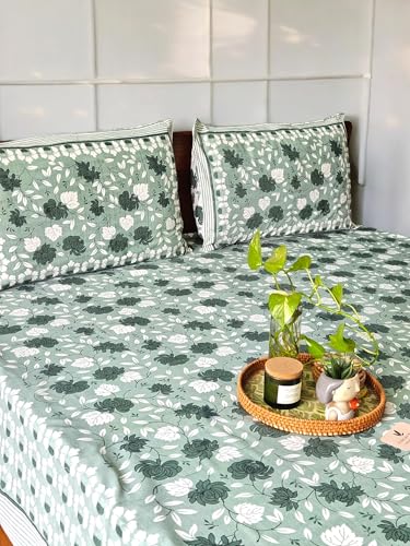 Feels Like Home 180 TC 100% Cotton Double King Size Bedsheet, 1 Bedsheet and 2 Pillow Covers, Block Printed, Uphaar Collection - Green Floral Print,95 x 108 Inch