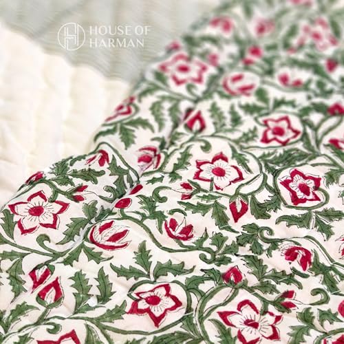 House of Harman Hand Quilted Mulmul Cotton Reversible Quilt I Hand Block Printed I Natural Vegetable Dyes (Flora Vista Elegance Quilt) (Pair of Singles- 60 * 90 inches)