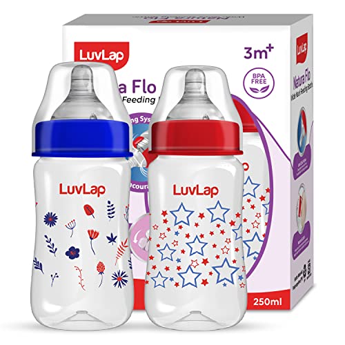 LuvLap Anti-Colic Wide Neck Natura Flo Baby Feeding Bottle, 250ml (Pack of 2), New Born/Infants/Toddler Upto 3 Years, Stars, BPA Free