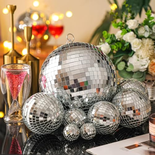 The Glamorous Silver Mirror Disco Balls with Elegant Hanging Rings - Elevate Your Event with These Stunning 12'', 8'', 6'', and 4 Inch