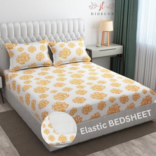 Super Soft Cotton Printed One Double Elastic Bedsheet with 2 Pillow Cover (White (Yellow Print))