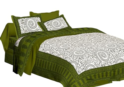 Pure Cotton Sanganeri Printed Jaipuri Bedsheet for Double Bed Queen Size with 2 Pillow Covers 260Thread Count,Green