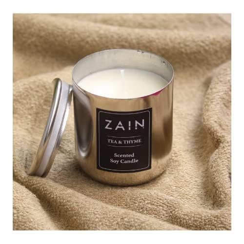 Virgo Creations Zain Metal Jar Candle, Soy Wax, Tea & Thyme Fragrance, Metal Jar with Lid, Silver Finish Luxury Jar Candle, Calmness Relaxation Gift Home Décor, Jar Size 7x7x8 cm, Pack of 1