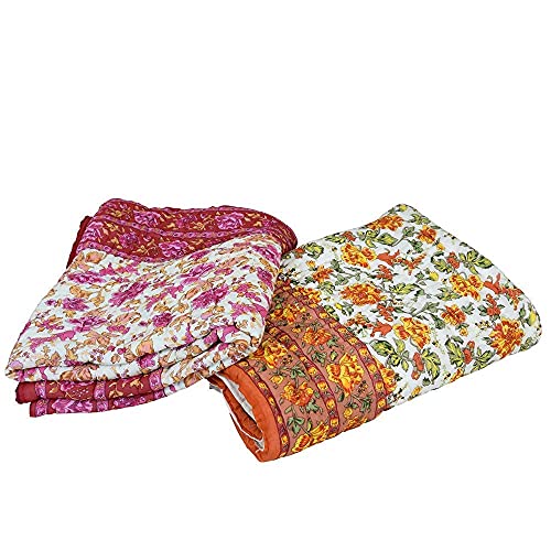 fashhub Rajasthani Jaipuri Pure Organic Cotton Floral Printed Skin Friendly Single Bed AC Room's Blanket Jaipuri Razai/Rajai/Quilt/Blanket/Dohar (Beige/Pink) (Pack of-2)