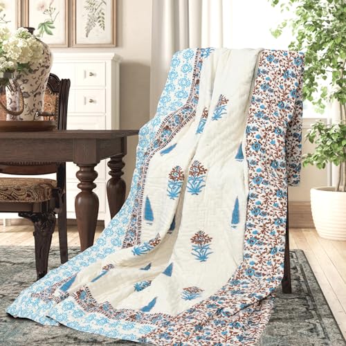 PINAARAS INTERIOR Hand Block Big Flower Prints Light Weight Cotton Single Bed Quilts/Razai/Rajai - Brown (60X90 INCHES, 5FTX 7.5FT)