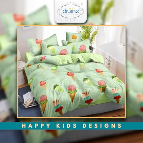 DIVINE OVERSEAS Premium Micro Fabric Kids Bed Sheet Set - Green Softy Ice Cream Design - 1 Double Size Bed Sheet (90" x 100") & 2 Pillow Covers - Ultra Soft, Durable, No Pilling, No Shrinking