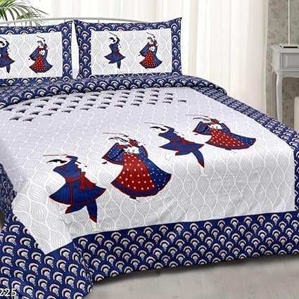 Cotton Flat Double Bedsheets with 2 King Size Pillow Covers Double Bed Breathable Wrinklefree Ultrasoft Supersoft (Blue 5)