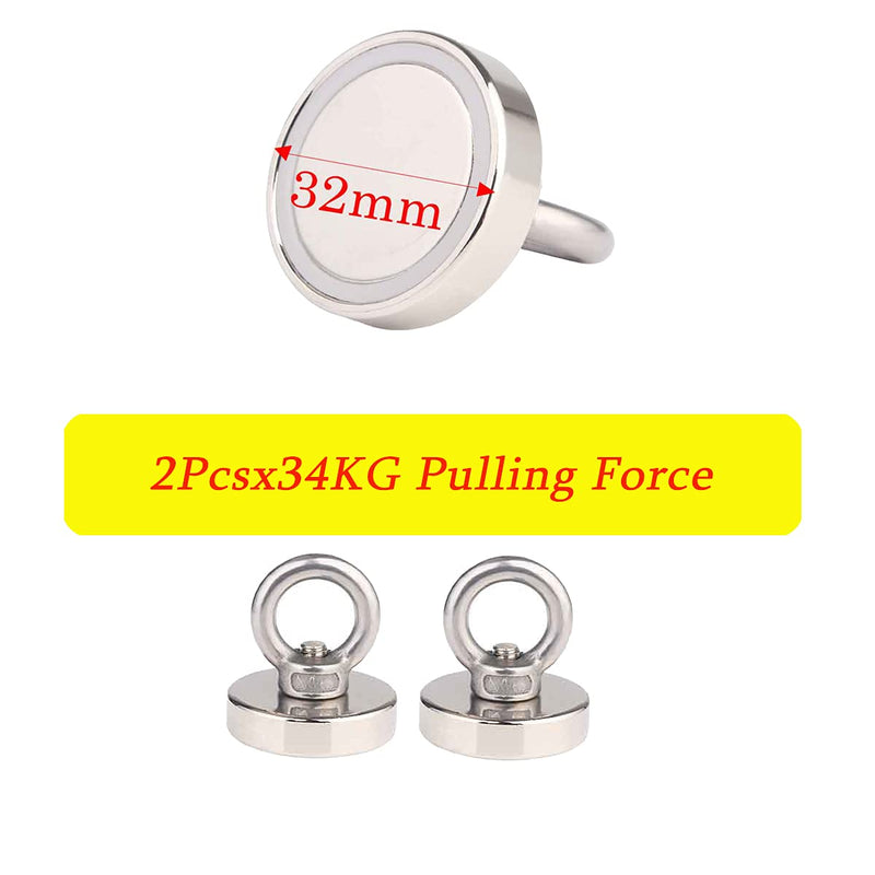 JAKAGO 75 LBS(34 KG) Pulling Forces Strong Permanent Rare Earth Magnets,Powerful Round Neodymium Magnetic Hooks with Eyebolt for Kitchen Bedroom Magnetic Fishing and Hang Items(2 Pieces)