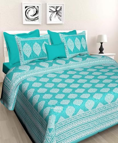 RAJASTHANIKRAFT Premium Cotton Blend Buta-Batik (Sanganeri) Jaipuri Traditional Fantasy Printed 104 TC 100% Cotton Double Bedsheet with 2 Pillow Covers (Sea Green, Double)