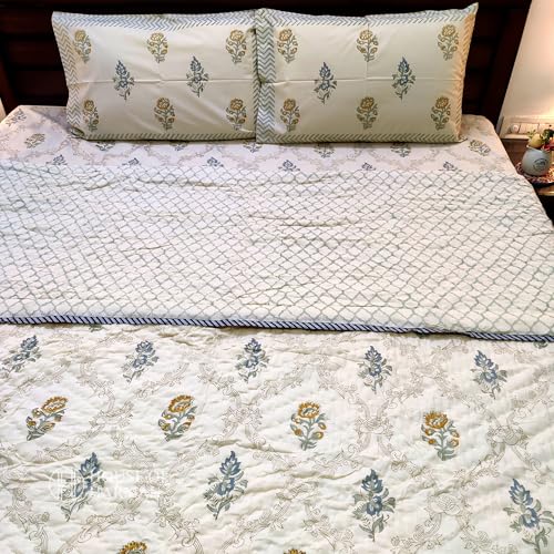 House of Harman Hand Quilted Mulmul Cotton Reversible Quilt I Hand Block Printed I Natural Vegetable Dyes (Desert Botanical Bliss Quilt) (Double- 90 * 108 inches)