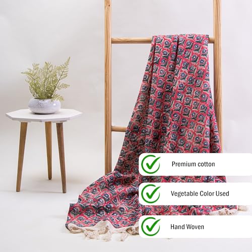 DMAASA Floral Block Print Cotton Throw Blanket | Rose Print Throw 50x60 Inches for Sofa, Chair, Bed and Couch, Multi Use Lightweight Breathable Throw Blanket