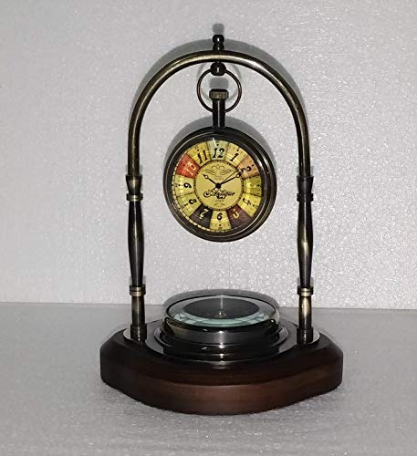 Castle Instruments Beautiful Antique Style Multicolour Brass Table Clock with Magnetic Compass with Wooden Base