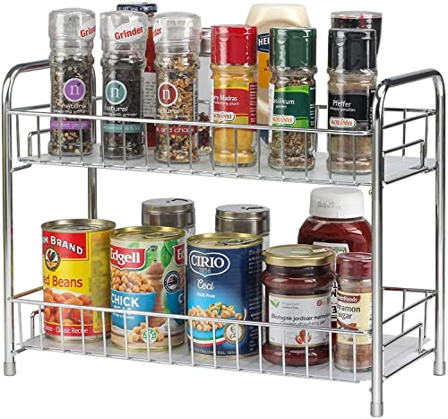 Lyrovo Stainless Steel 2 Tier Kitchen Countertop Spice Container Organizer Rack with Shelf Liner for Cabinet Pantry Office (Chrome, Standing Shelf)