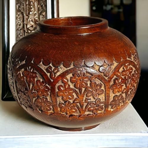 Taksha Decors Carved Wooden Vase | Traditional Indian Matka | Home Decor | Garden Decor | Teak Wood | Flower Vase | Carved Wood | 12 inches