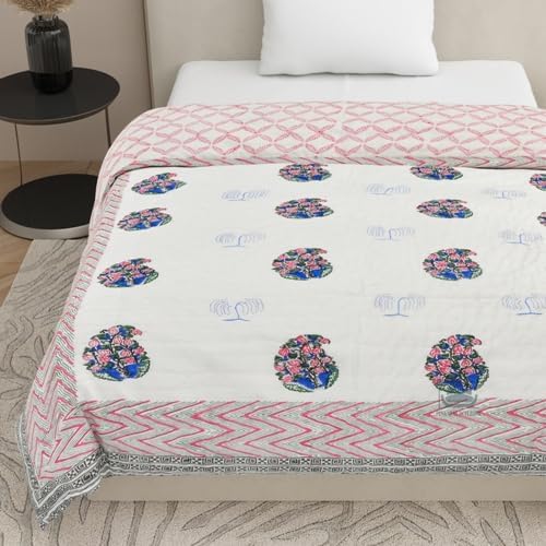 AARMOZY Cotton Jaipuri Razai Single Bed Hand Block Floral Buta Bail Print Quilt Blanket - Blue/Pink (Single Bed D) (60X90INCHES)