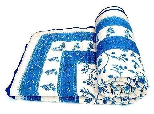 SVT Traditional Famous Jaipuri Beautiful Floral Print in White and Blue Jaipuri Rajai/Razai/Quilt Single/Single Bed Quilt/Comforter/AC Quilt/AC Comforter