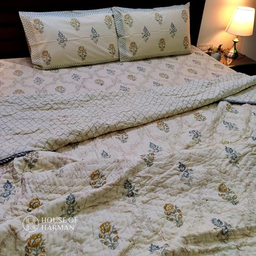 House of Harman Hand Quilted Mulmul Cotton Reversible Quilt I Hand Block Printed I Natural Vegetable Dyes (Desert Botanical Bliss Quilt) (Double- 90 * 108 inches)