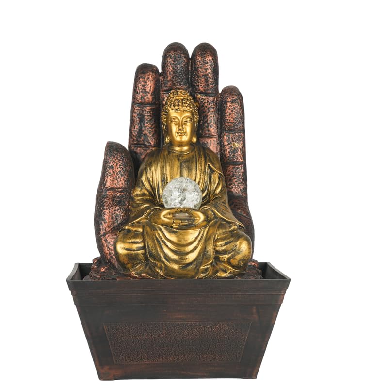 ARTS SHALA Polyresin Gold Brown Buddha Table Top Indoor Water Fountain for Home Decor with Palm Background, Speed Controller Pump, Yellow LED & Crystal Ball