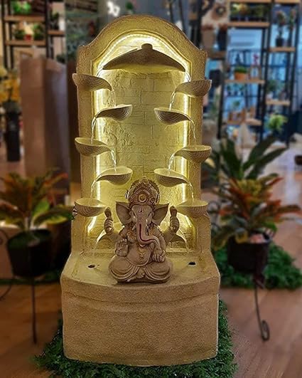 Shawshank Resin, Fiberglass Water Fountain 44 Inch Long Diya Ganesh Fiber Water Fountain for Living Room Home Decor Garden Patio Deck Porch with Led Lights Water Pump