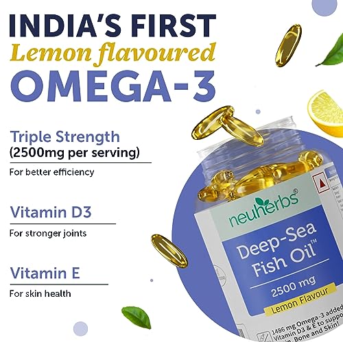 Neuherbs Deep Sea Omega 3 Fish Oil - 60 Softgel for Men and Women | Omega 3 Supplement Triple Strength 2500 Mg | For Muscle, Joints, Heart & Cognitive Support | No Fishy Burps with Lemon Flavour