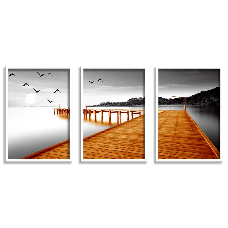 SAF paintings Set of 3 Water Bridge And Birds Wall Painting for Home Decoration SA-WHITEMX33603