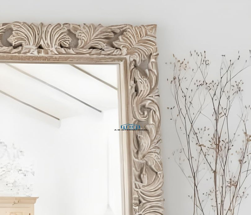 A.M INTERNATIONAL Wooden Crafted Wall Mirror Frame in Solid Mango Wood Hanging (Without Mirror) in White Distress Finish (Size 3 * 2 FT) (M2)