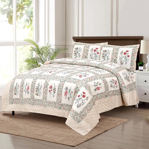 Kuber Industries Double Bedsheet with 2 Pillow Covers | 100x108 Inch | 160 TC Premium Cotton Bedsheet for Double Bed | Bedsheet for Living Room-Home & Hotels | Dezier Check Flower | Beige