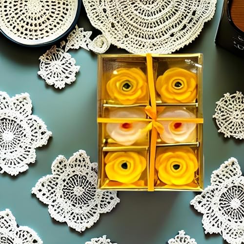 The Decor Affair Six Pieces of Beautiful Rose Flower Wax Floating Candles in Water - Elegant Flower Shaped Diyas/Candles for Home Decor, Diwali Gift, and New Year Gifts (Yellow).