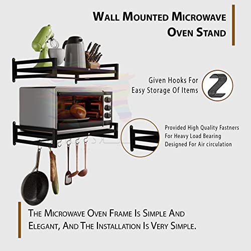 MILAD Metal Wall Mounted Microwave Oven Stand with Hook Utensil Organizer (60 L x 40 W x 15 H CM's, Black Color, OS-10, Set of 2, Hanging Shelves)