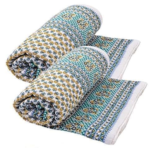 fashhub Jaipuri Print Cotton Single Bed Razai Quilts Blankets for Home (Blue, White and Yellow) Set of 2