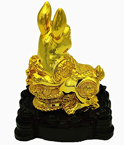 Betterdecor Feng Shui Gold Chinese Zodiac Rabbit on Treasure Statue Home Office Decoration for Good Luck (Rabbit)