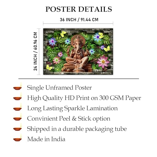 Indianara Rolled Sparkled Lord Ganesha Art Print for Room Décor Digital Reprint 36 inch x 24 inch Painting (10782PST)